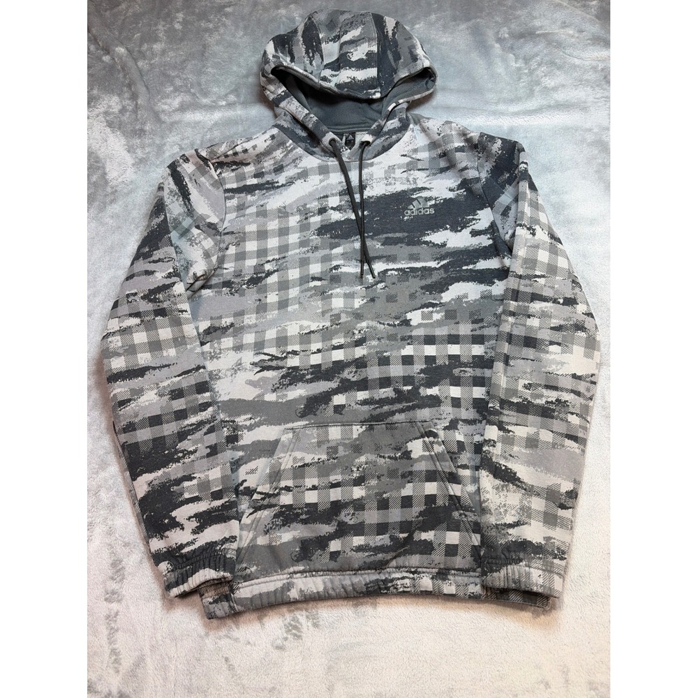 Adidas Mens Grey Plaid Camo Pullover Hoodie Sweatshirt H59421 Size Small Camo